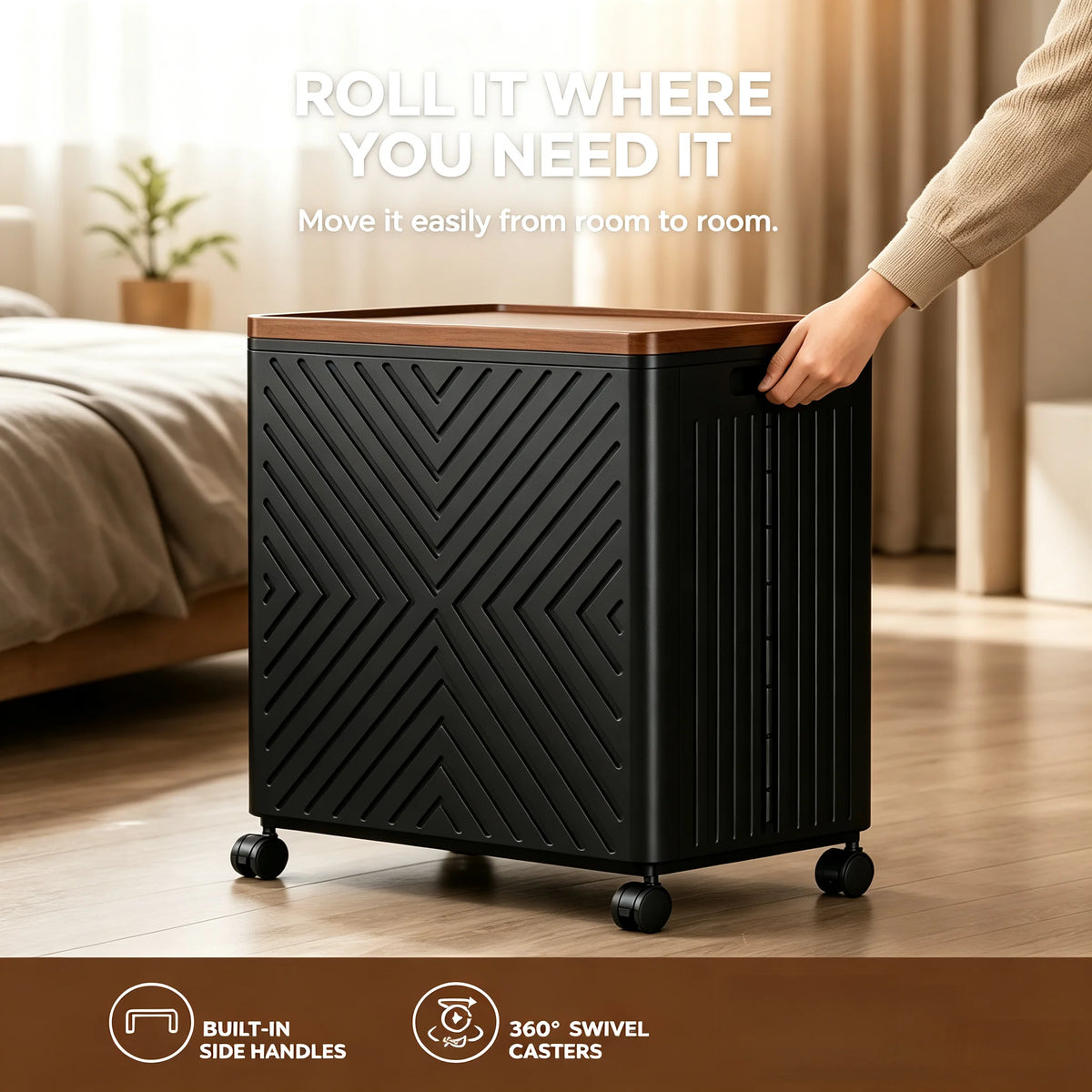 Stackable dustproof storage box with a lid, built-in side handles and 360° silent swivel wheels, embossed geometric pattern, large-capacity wheeled organizer box, suitable for bedroom clothes, blankets, books, and apartment