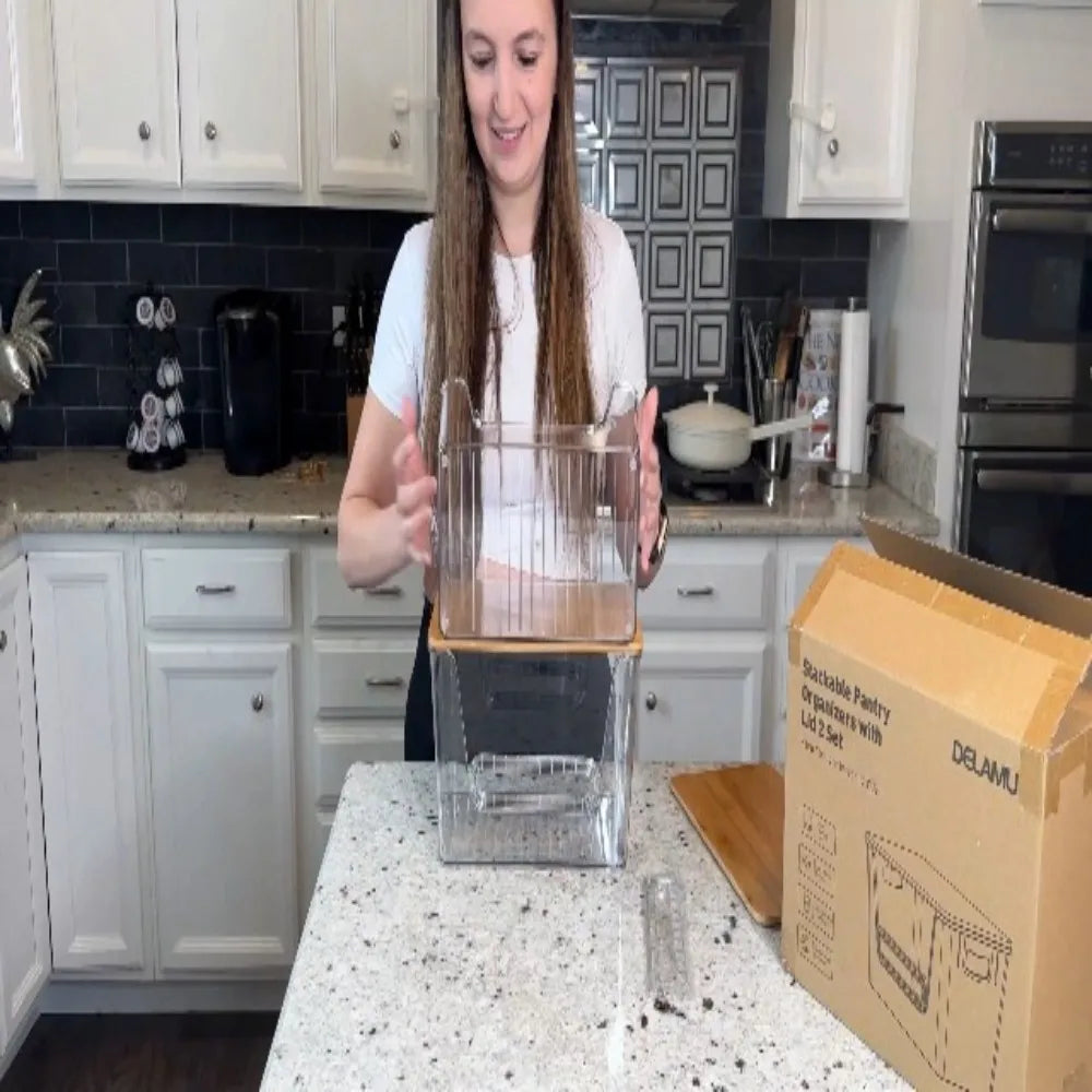 2 Set Pantry Organizers and Storage, Trash Bag Holder Under Sink Organizer for 4-13 Gal Bags, Trash Bag Dispenser with Bamboo Top for Onion, Potato, Garlic, Clear (11-7/32"L*7" W*7-1/8"H)
