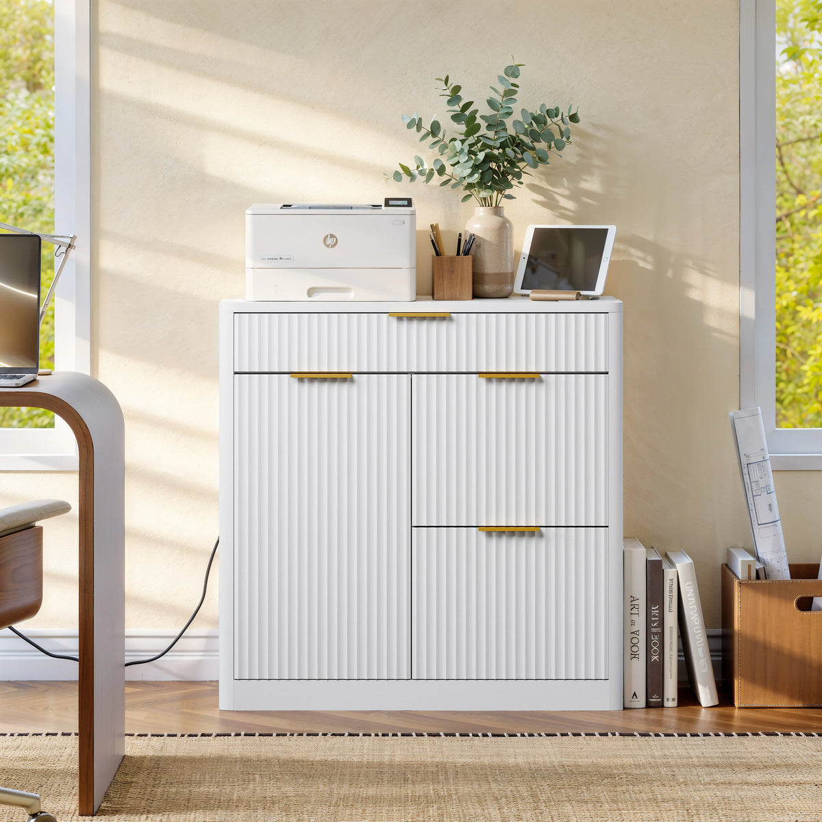 Fluted Office File Cabinet with Charging Station Mixed Drawers & Doors Storage Cabinet with Adjustable Shelves for Home Office