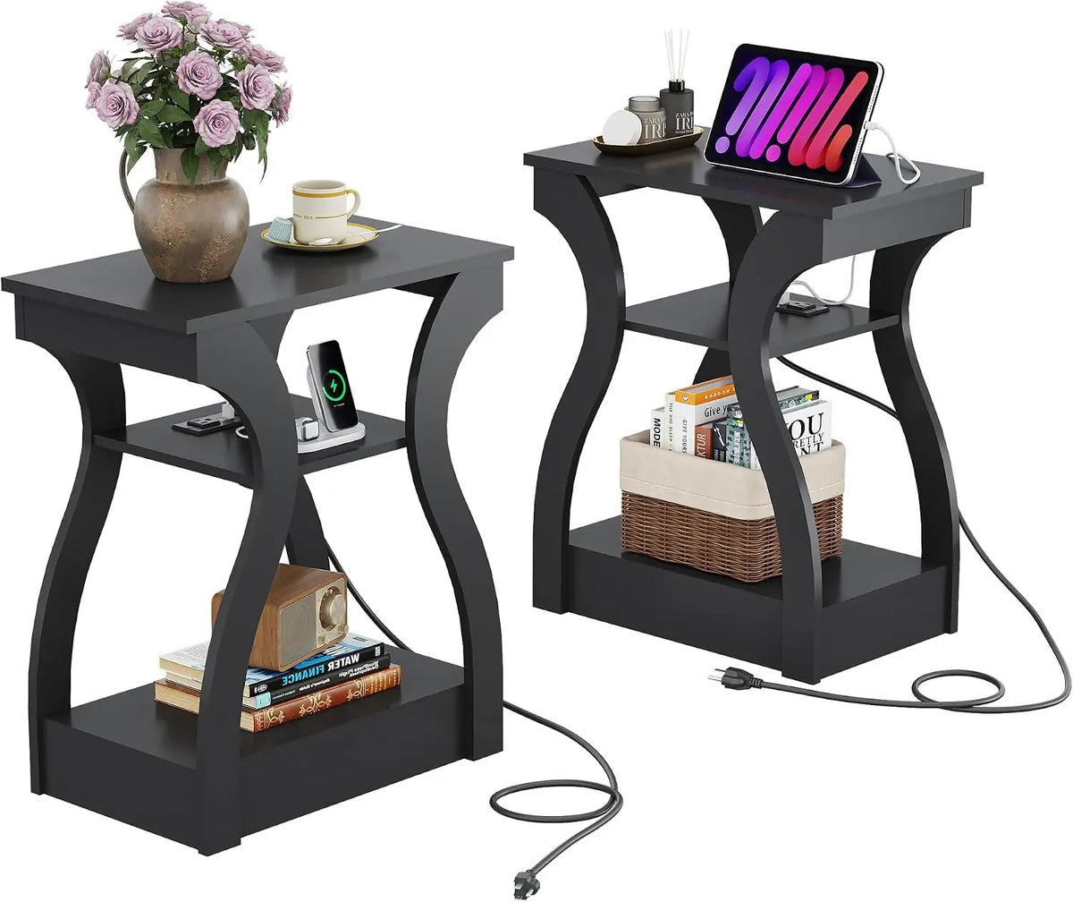 Living Room End Tables With Charging Station And Storage Shelf