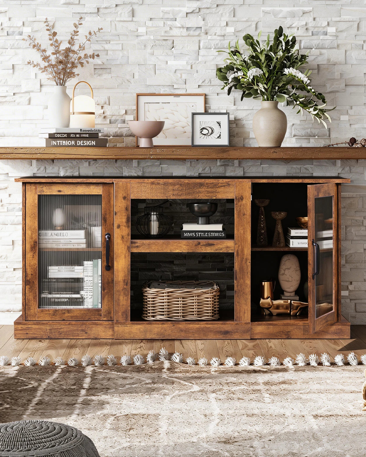58" Farmhouse TV Stand for 65 Inch TV, Tall Entertainment Center with Storage Cabinets & Adjustable Shelves, Modern Media Console Table with Acrylic Doors for Living Room Bedroom