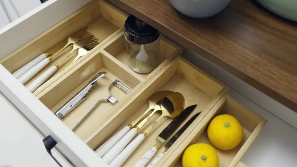 Set of 3 Bamboo Drawer Organizers Individual Wood Storage Dividers for Kitchen Office Desk