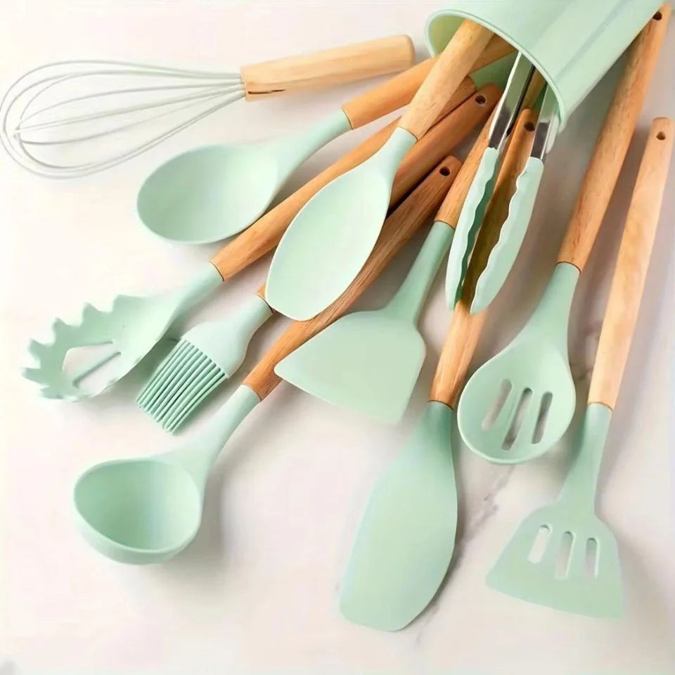 12PCS Silicone Kitchen Utensils Set with Holder - Nonstick Heat Resistant Wooden Handle Cooking Gadgets Set with Spatula, Whisk, Tongs & Spoon for Home Essentials