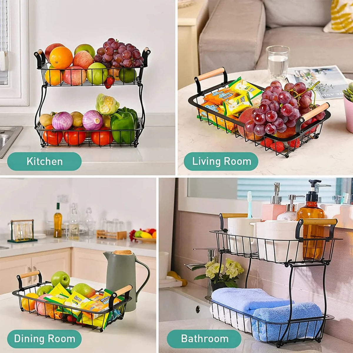 Adivo 2-Tier Stackable Iron Fruit Basket, Countertop Produce Organizer, Round 28cm or Rectangular 35cm