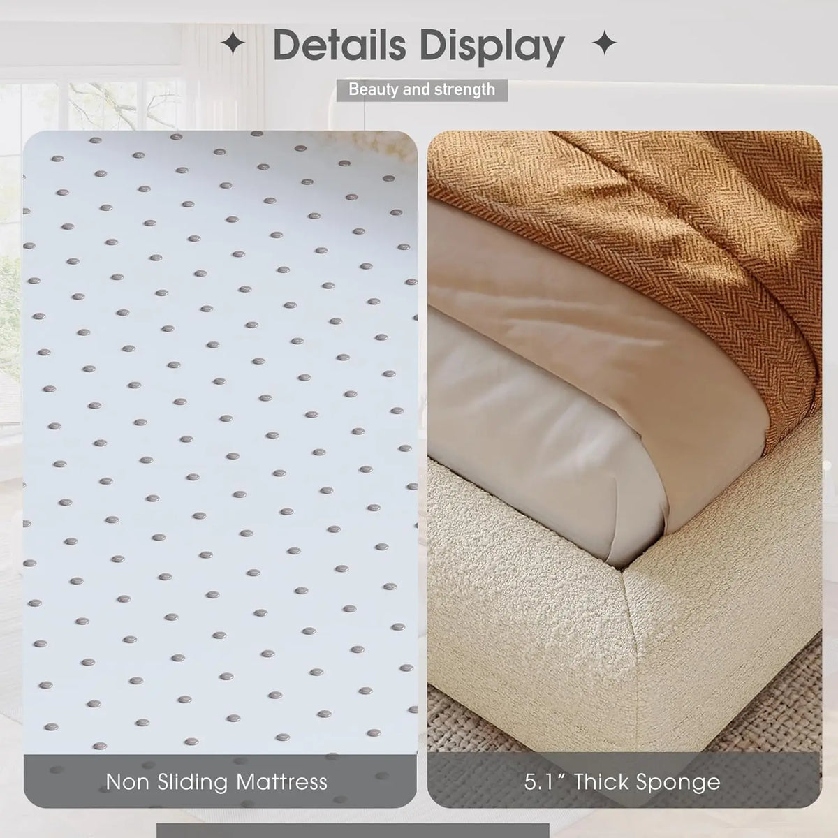 EnHomee Boucle Cloud Bed Frame with Headboard Upholstered Bed Frame with Curved Edges Design, Anti-Collision Platform Bed for Bedroom