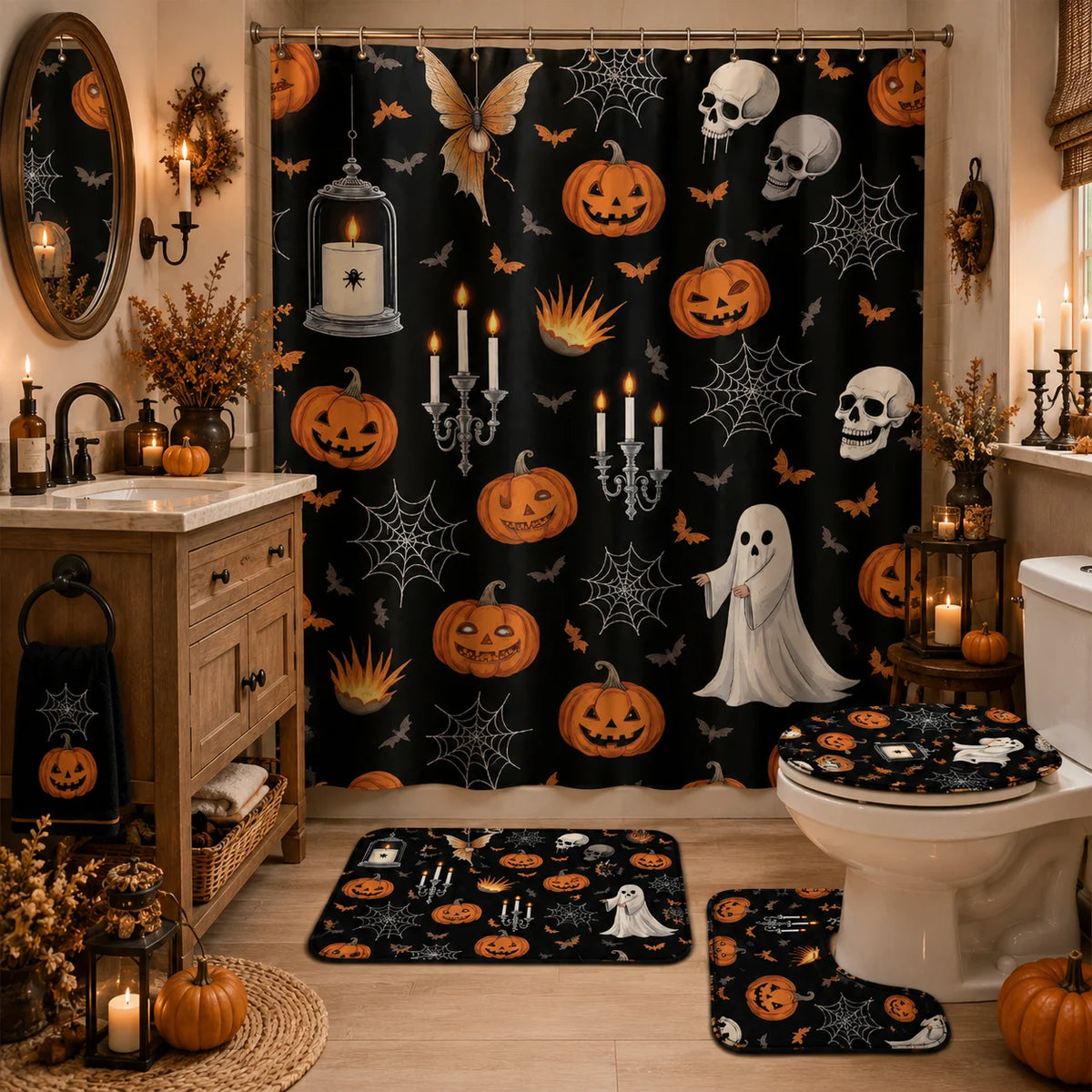 4pcs Halloween Printed Shower Curtain Set, Includes 12 Plastic Hooks, Machine Washable, Bathroom Accessories, Holiday Decor, Holiday Gift, Bathroom Decoration, Home Decor
