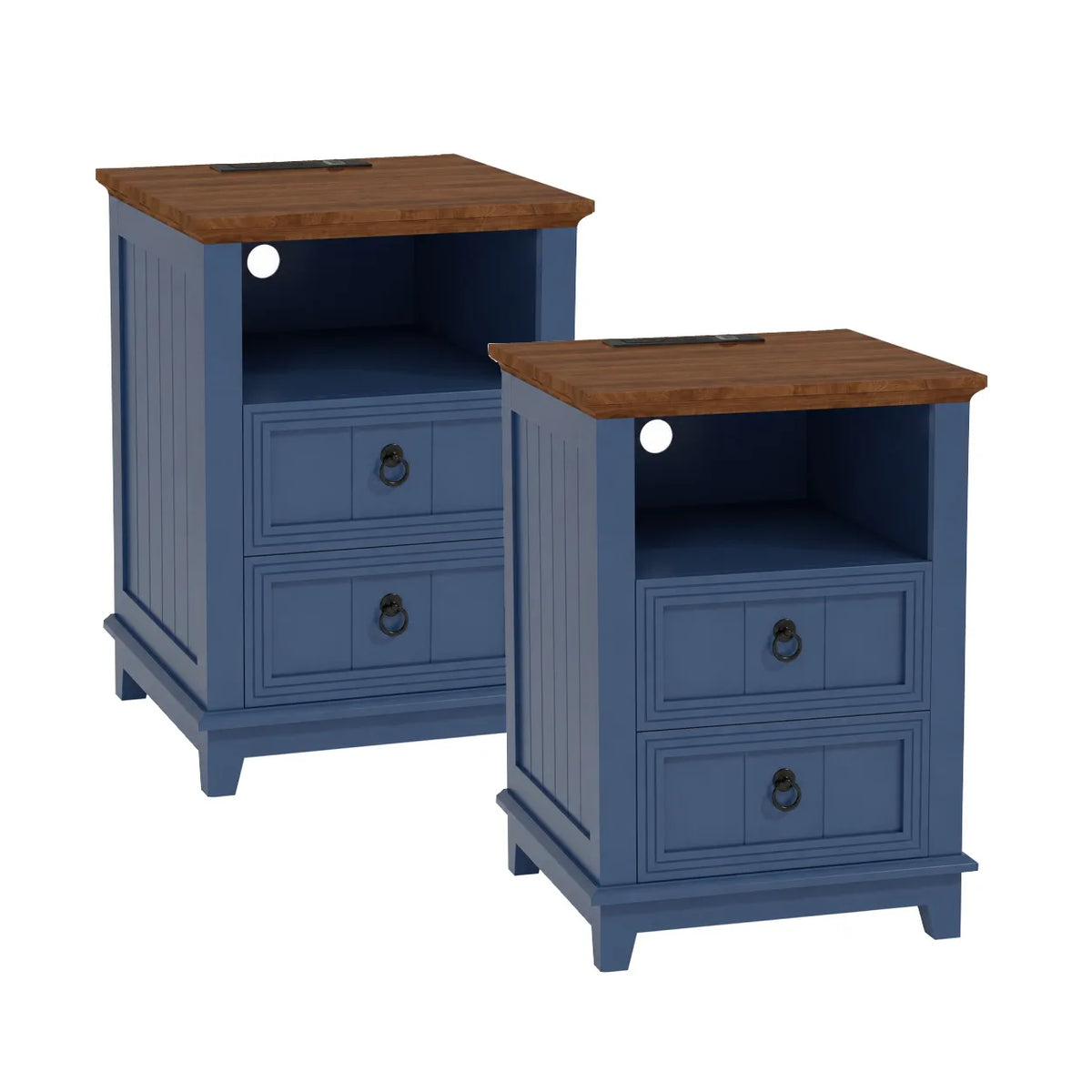 18 Inch Wood Nightstand with USB Charging Station Modern Fluted Bedside Table 2 Drawer End Table with Storage Shelf for Bedroom Living Room Home Office Apartment Dorm Blue