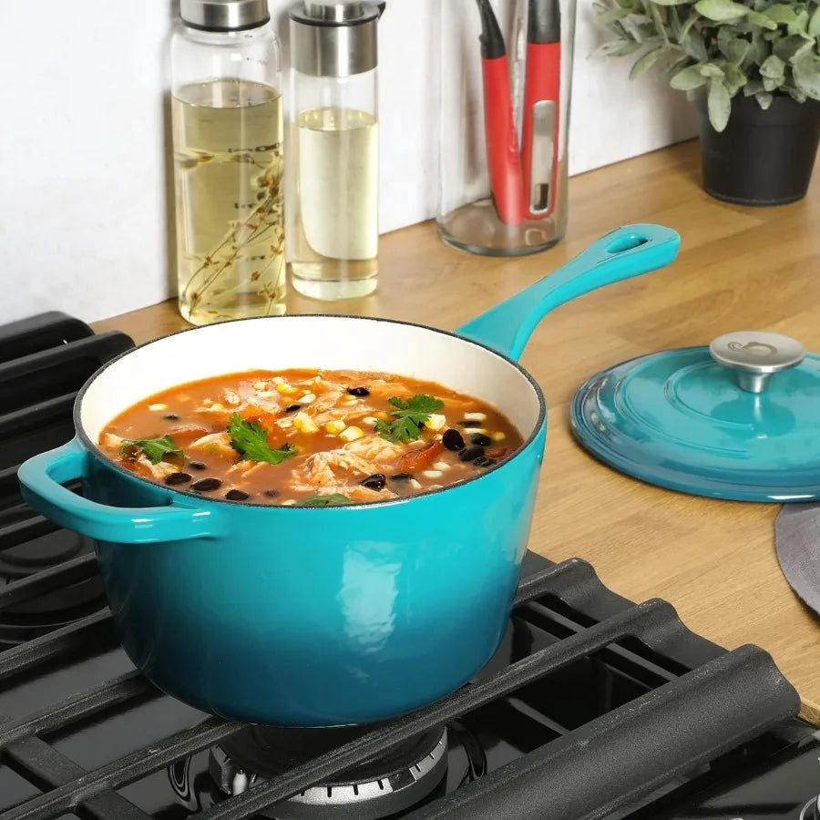 3 Quart Enameled Cast Iron Saucepan with Lid Teal Ombre Nonstick Sauce Pan for Stove and Oven Cooking