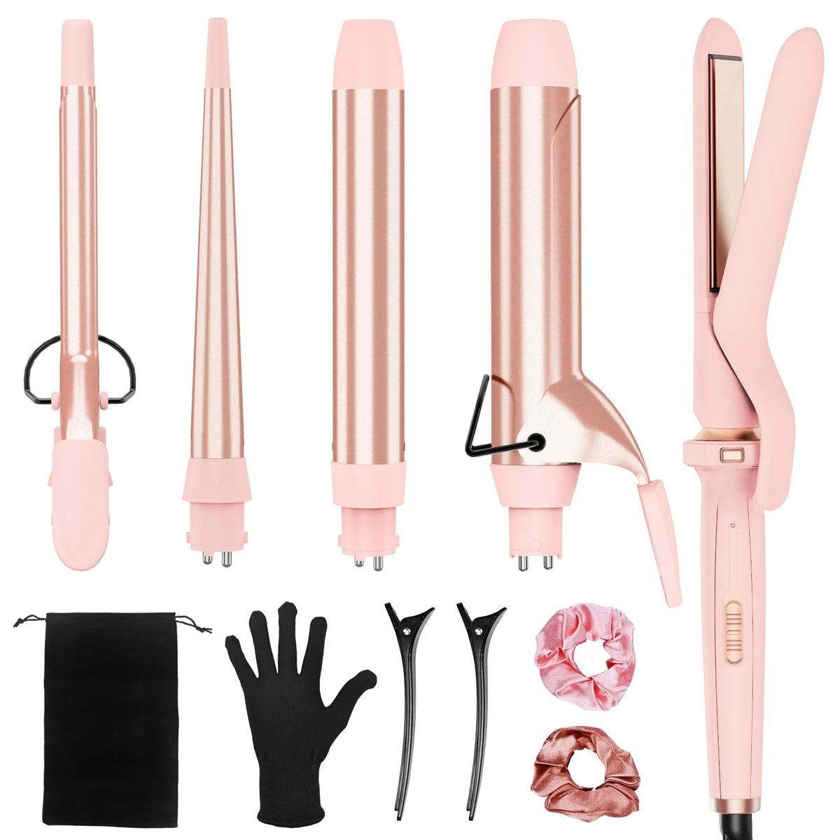 5 in 1 Curling Iron with Interchangeable Ceramic Barrels (0.35"-1.25"), Curling Wand Set with Flat Iron Hair Straightener, Instant Heat Up, Dual Voltage Hair Curler, Gifts for Women