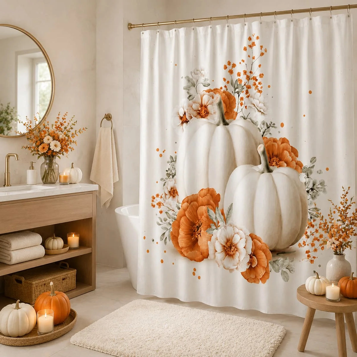 1pc Halloween Pumpkin Floral Shower Curtain, Quick-Dry, 71X71 Inch, Machine Washable with 12 Hooks, Rustic Farmhouse Autumn Spooky Bathroom Decor