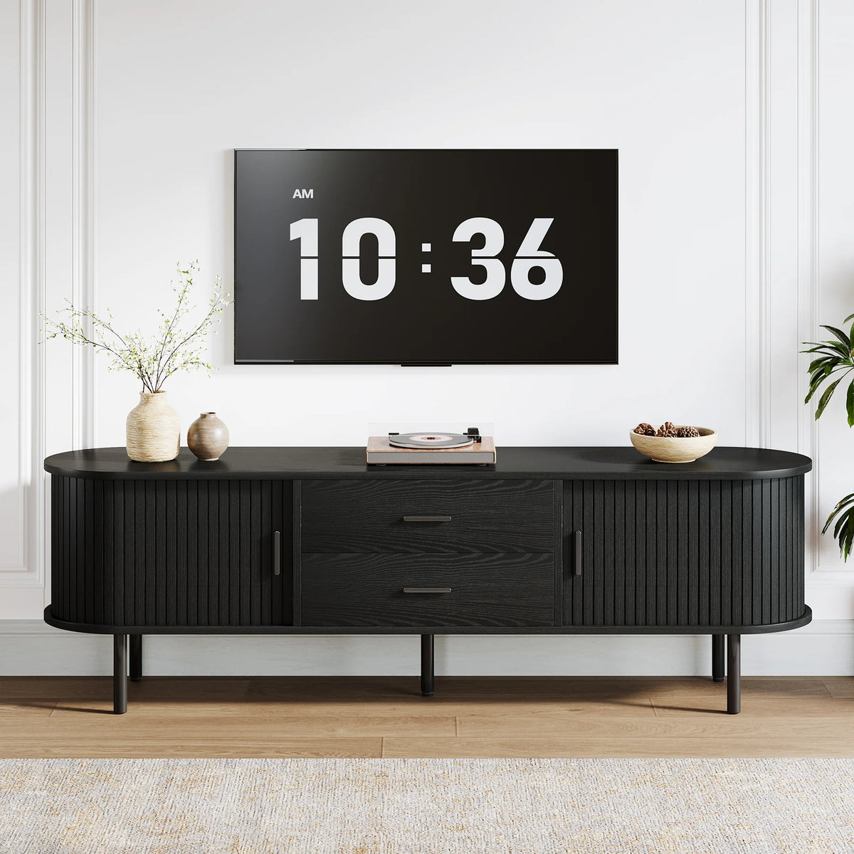 Tribesigns 70" Mid-Century Modern TV Stand with Sliding Tambour Door, Drawers and Adjustable Shelves, Long Fluted Entertainment