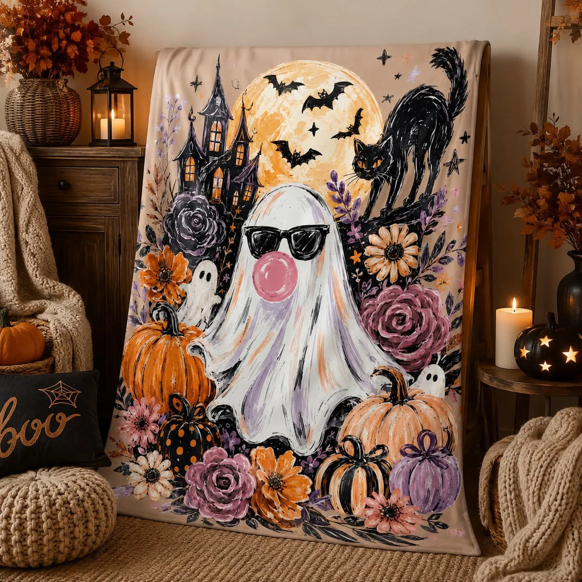 Ghost Blowing Bubble Gum Blanket, Cute Halloween Blanket, Girly Haunted House Throw, Brushstroke Floral Fall Blanket, Spooky Gift