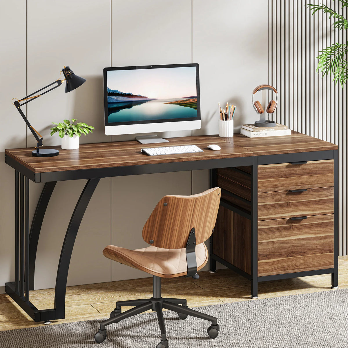 Tribesigns Industrial Computer Desk With Three Drawers And Shelf