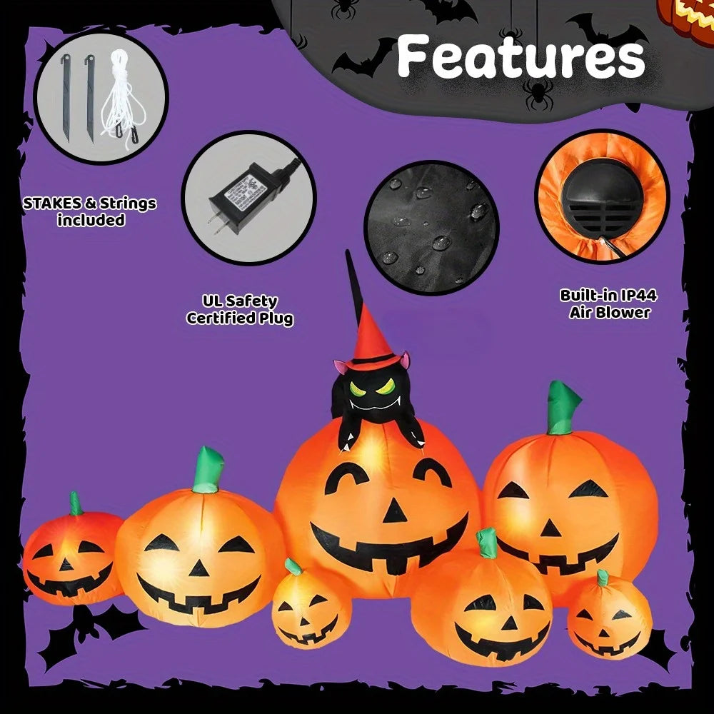 7 FT Long Halloween Inflatables Pumpkin Outdoor Decorations 7 Pumpkins Outside Decoration with Witch's Cat with Build-in LEDs Blow Up Inflatables for Party Yard Lawn Garden Decor