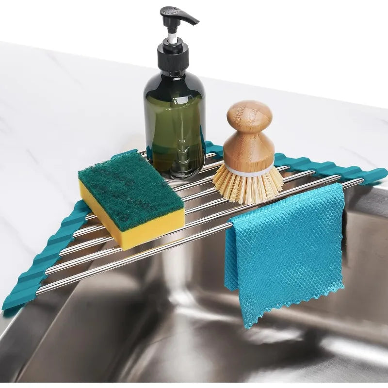 Marble Triangle Roll-Up Dish Drying Rack for Sink Corner - Small, Foldable, Stainless Steel, Multipurpose Kitchen Drainer Caddy, Trivet, Rustproof Organizer, Storage Shelf