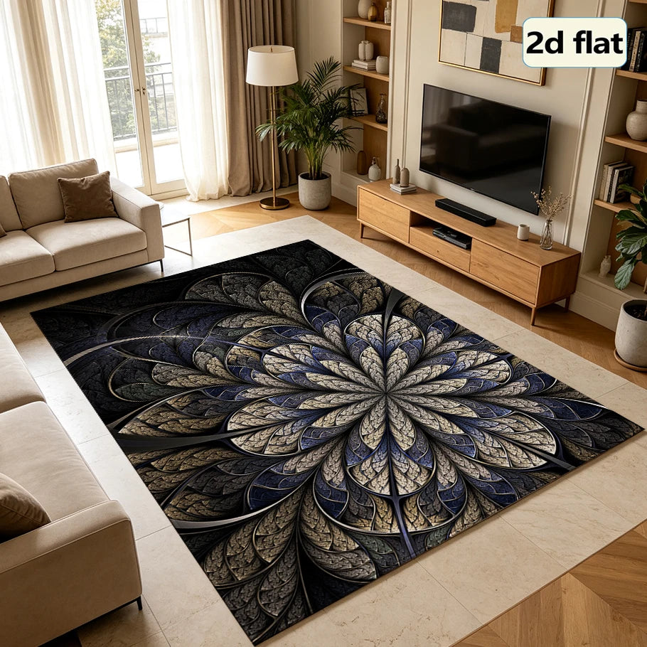 Dark Luxury Fractal Floral Carpet Flooring, Abstract Mandala Swirl Art Area Rug Anti-Slip Floor Mat for Office Villa Living Room Home Decoration