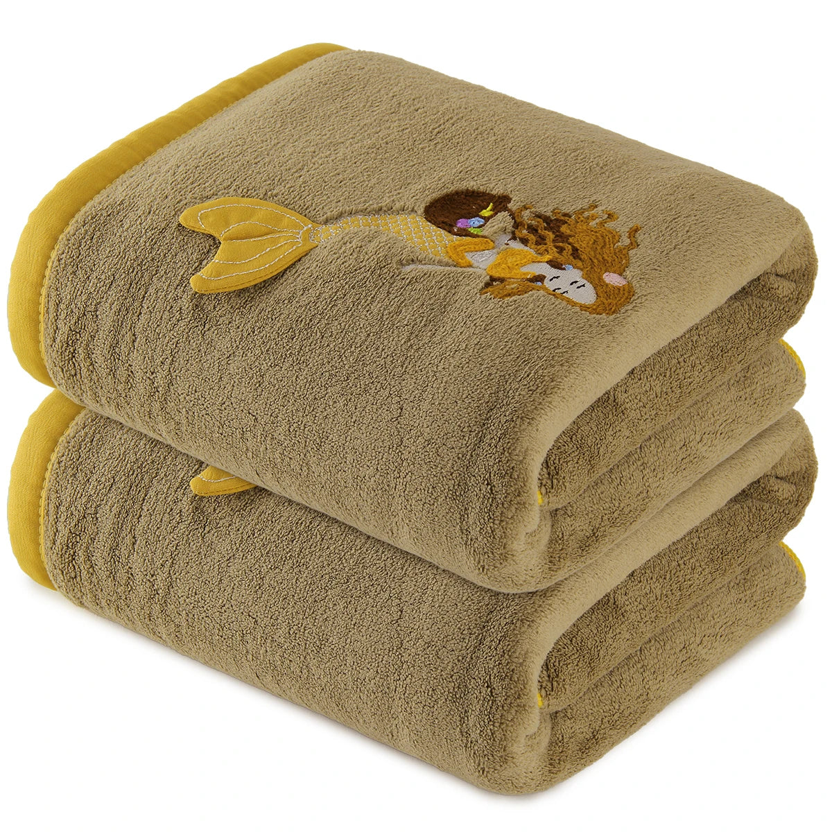 2‑Pack Coral Velvet Bath Towels, Mermaid Embroidered Pattern, Soft & Cozy, High Water Absorbency, Ideal for Bathing, SPA, Swimming, Yoga, Salon Use