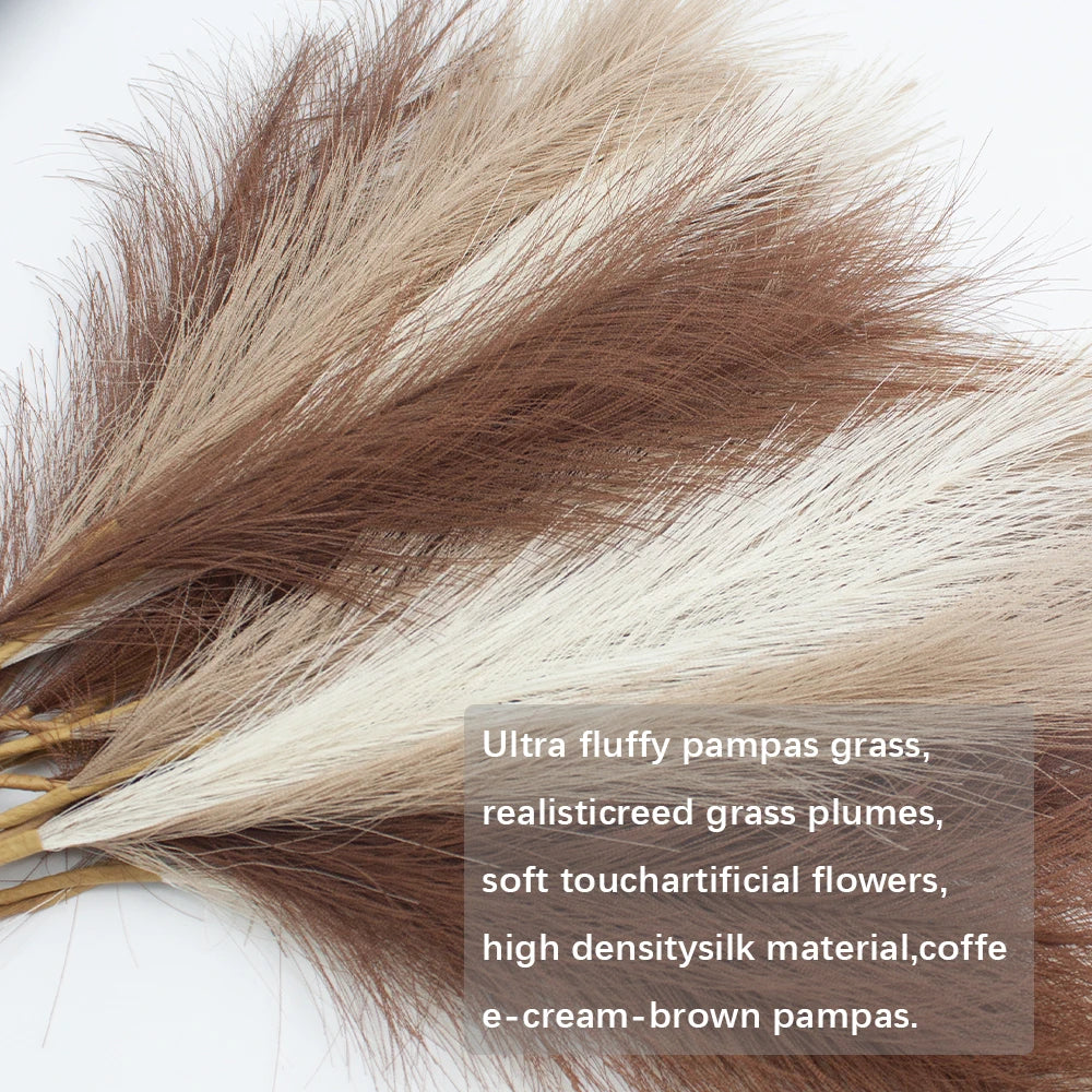 19 Inch 18pcs Artificial Pampas Grass Decor,Coffee Beige Brown Faux Pampas Fluffy for Boho Decor Home Bedroom Living Room Wedding Decoration, Vase Filler Autumn Flower Arrangement
