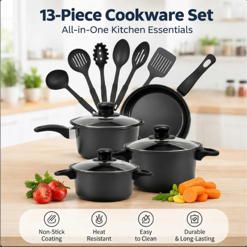13PCS Nonstick Cookware Set Pots and Pans with Glass Lids Kitchen Cooking Utensils Set Induction Gas Electric Stovetop