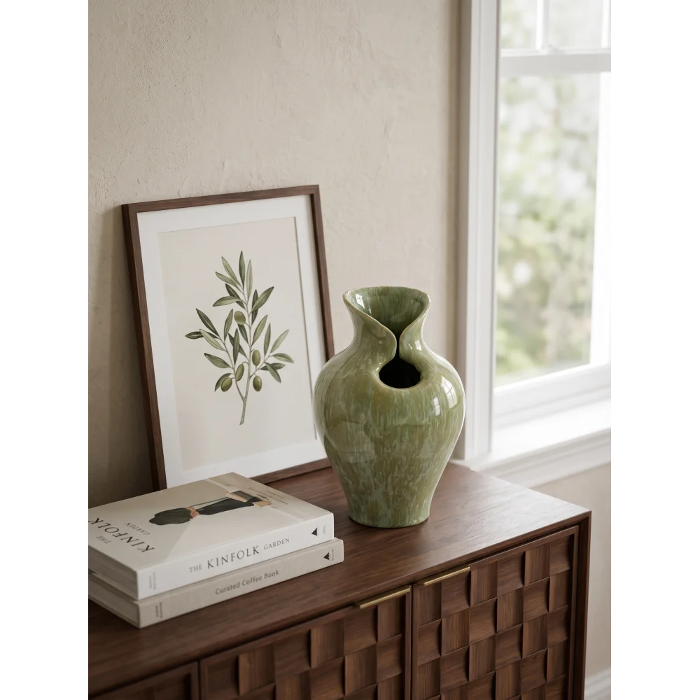 D7.9x11.8" Sage Office Green Sculptural Ceramic Vase Bedroom Decor Creativity Living Room Balcony Flowers Ornament MHHP