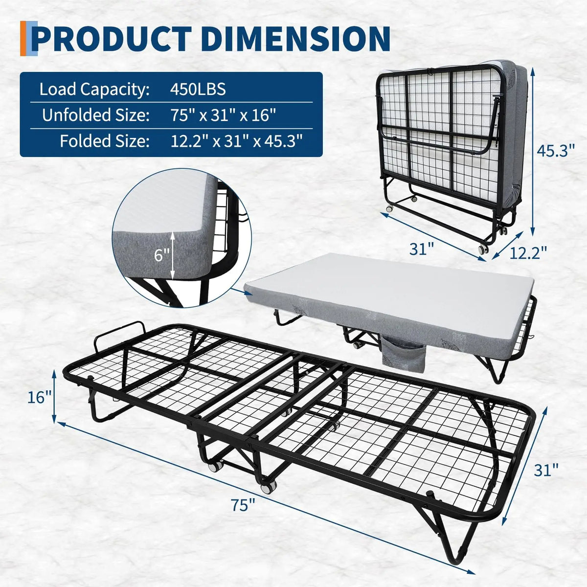 Portable Folding Bed With 6 Inch Memory Foam Mattress Sturdy Steel Frame Foldable Rollaway Guest Bed With Wheels Space Saving Spare Bed For Apartment RV Dorm Overnight Visitors