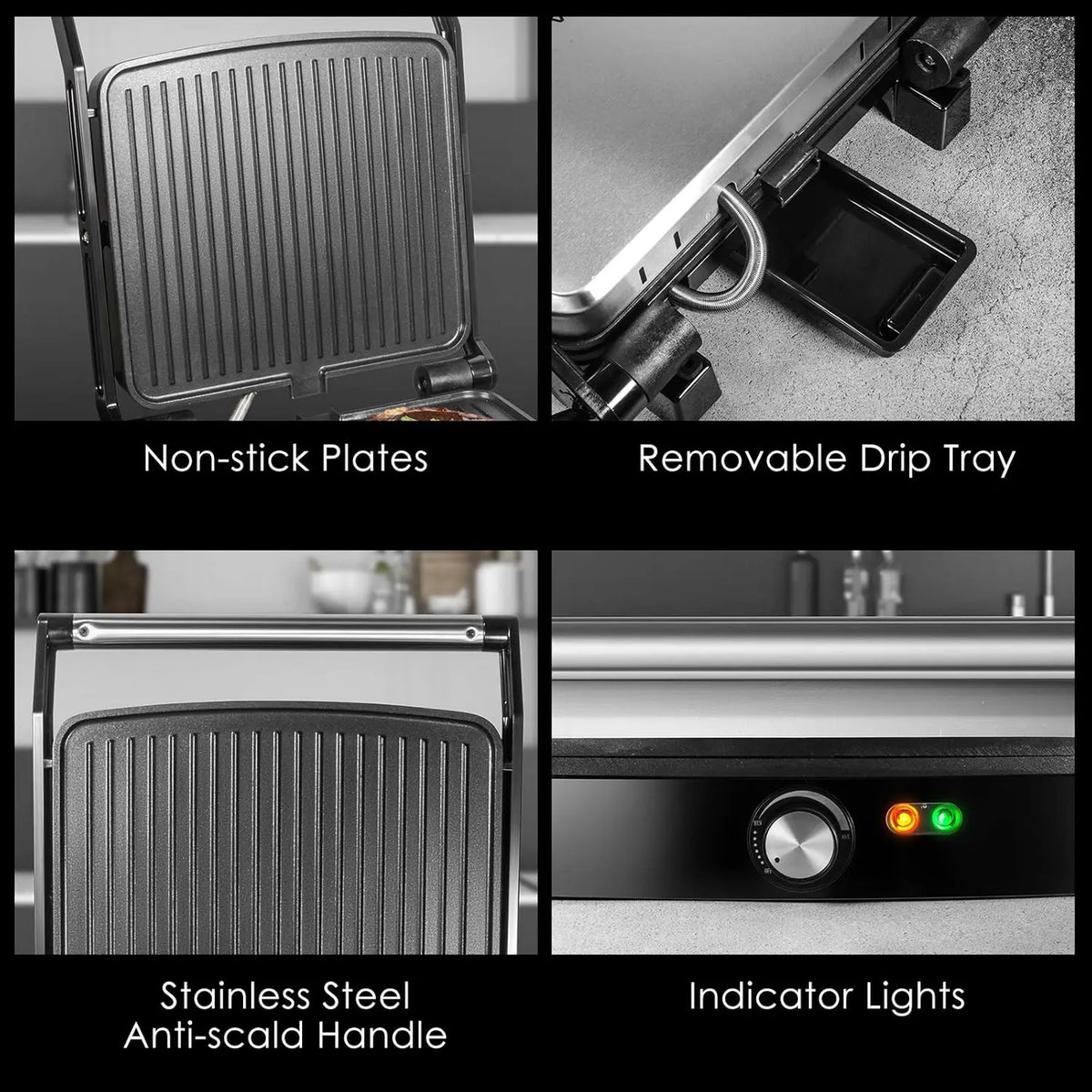 1200W Panini Press Grill with Adjustable Temperature, 4-Slice Indoor Grill, 180° Open Sandwich Maker with Drip Tray
