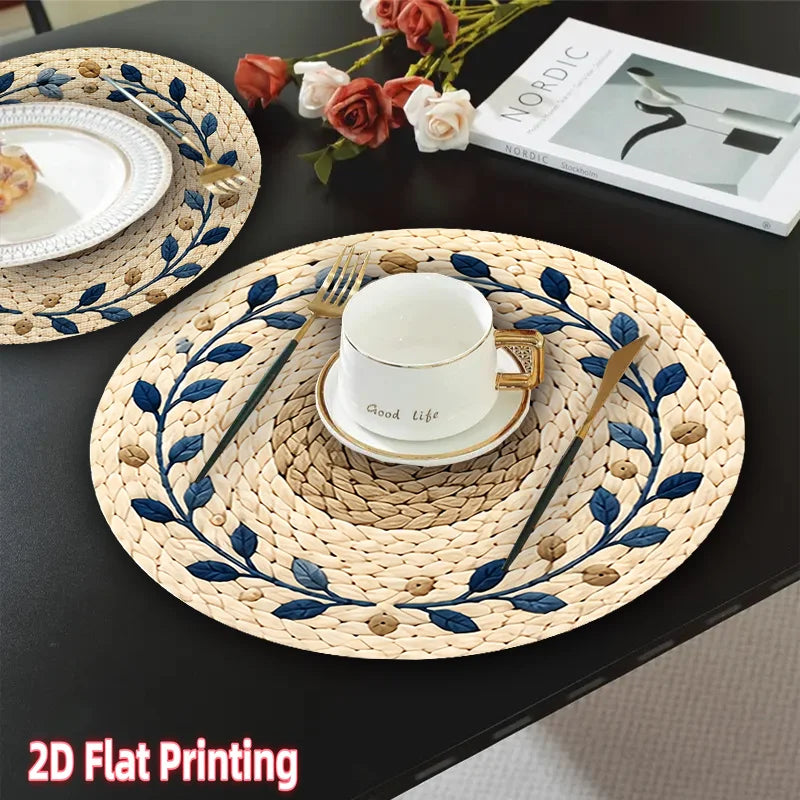 Set of 4 Beige & Blue Round Wooden Placemats - Suitable for Textured Dining Tables, Table Decor, Ideal for Parties, Easter Dinners and Table Settings, 2D Flat Print