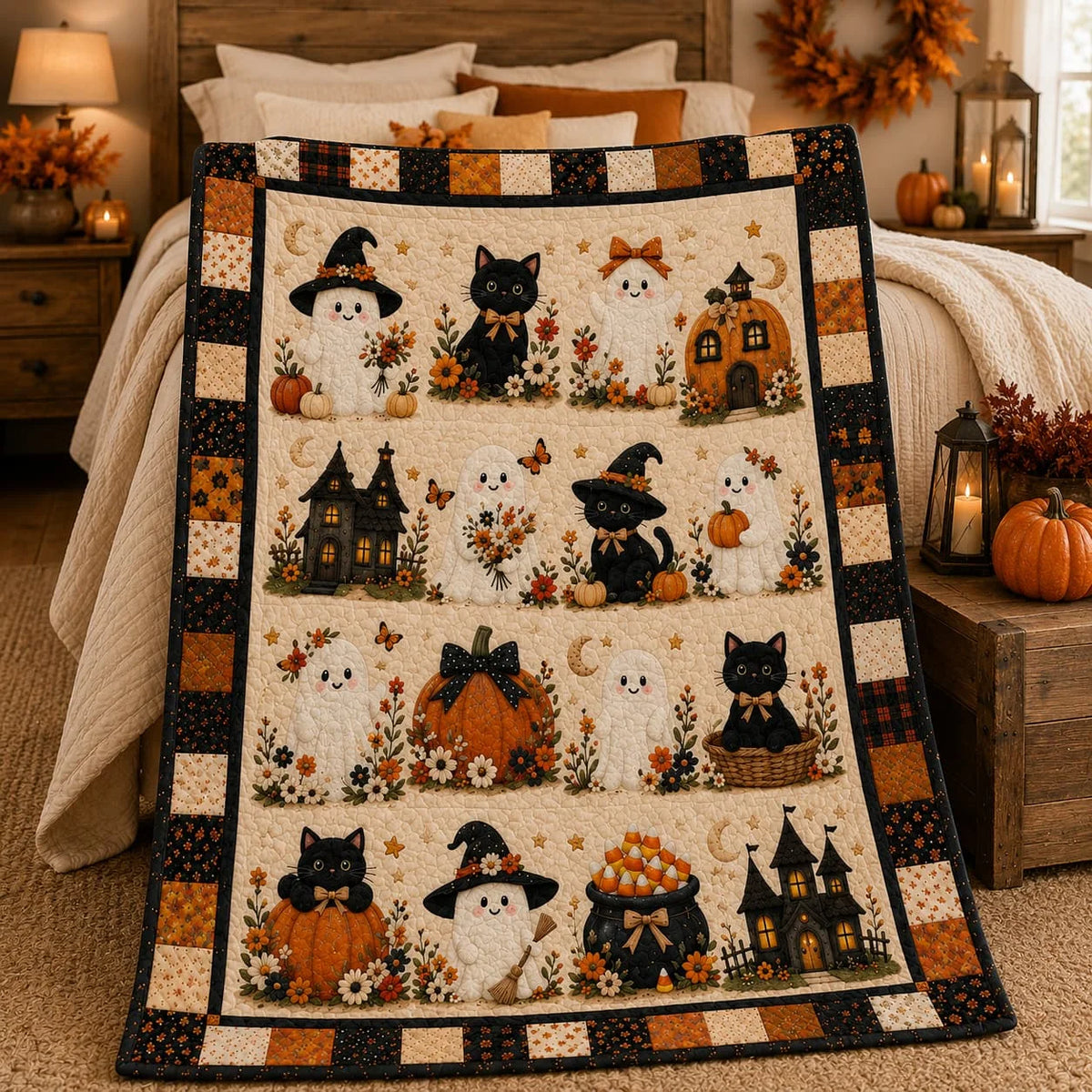 Halloween Quilt Blanket with Cute Black Cats, Pumpkins, Ghost, Witch Hat, Moon and Candles, Cozy Autumn Throw for Bed Sofa Room Decor