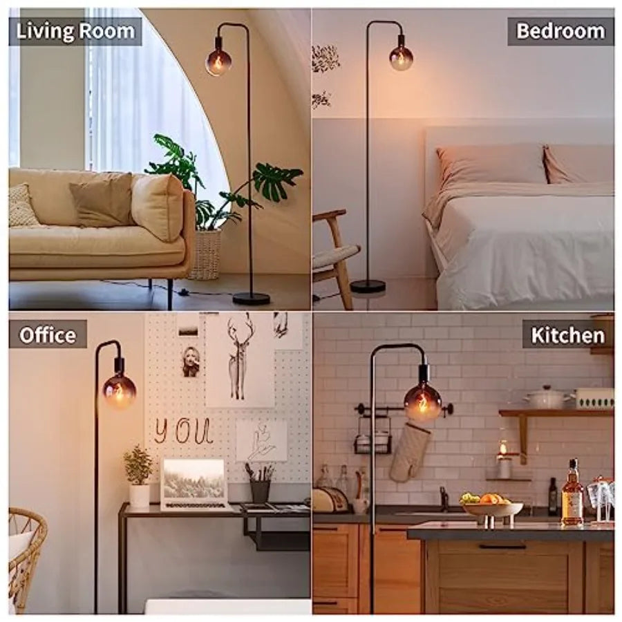 Floor Lamp for Living Room - Minimalist Industrial Standing Lamp with Modern LED Bulb, Globe Black Clear Glass 6", 1800K Warm A