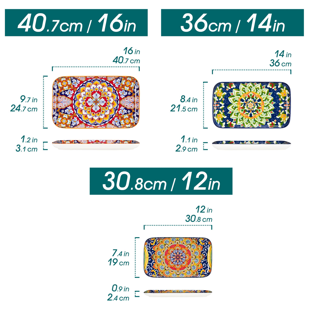 Vancasso 3/6 Piece Long Plate Ceramic Salad Plates Set 3 Size Rectangular Dessert Plates for Cake/Salad/Appetizer Oven Safe