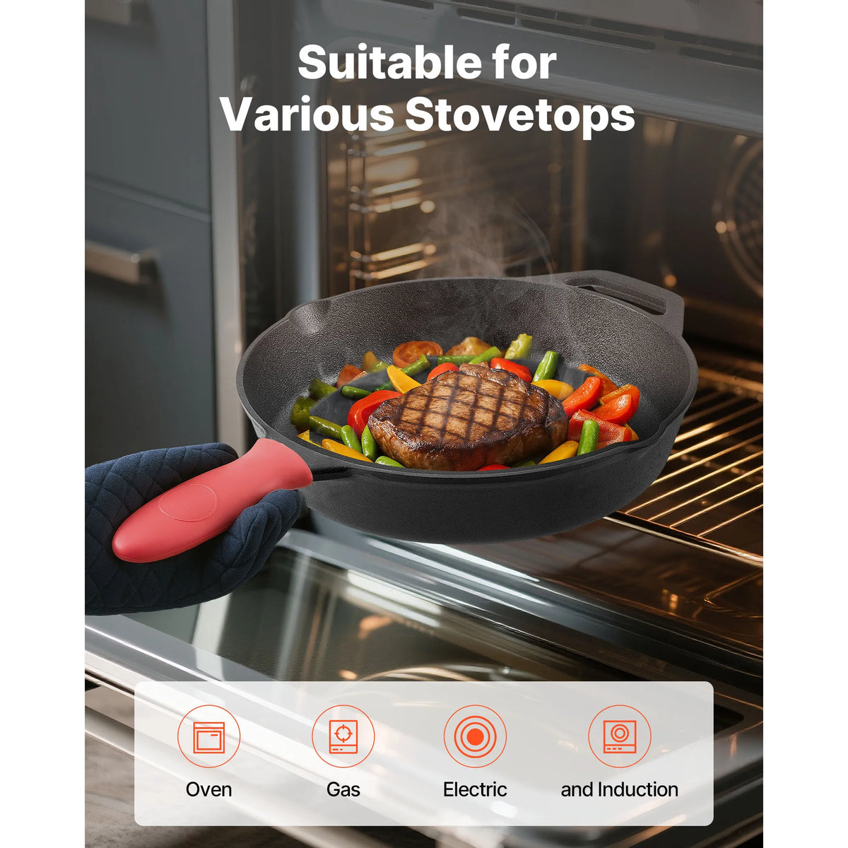 SucceBuy Cast Iron Skillet 4-Piece Frying Pan Set Skillets w/ Heat-Resistant Silicone Handle Kitchen Cookware for Gas Electrical