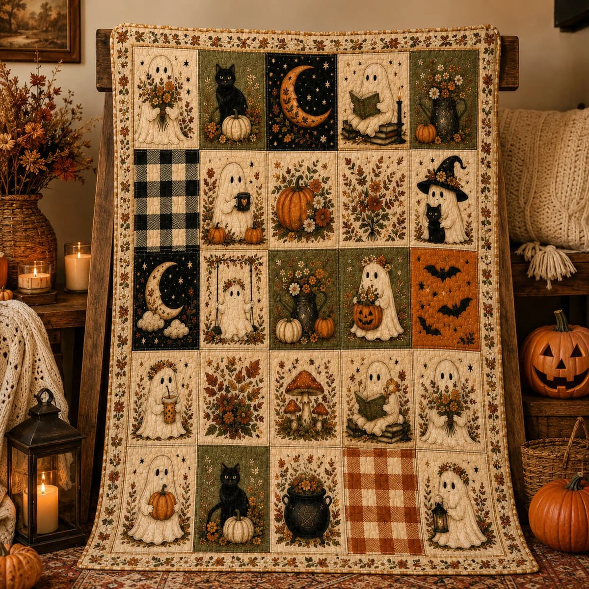 Halloween Quilt Blanket, Ghost Blanket Pumpkin Throw, Cozy Fall Blanket, Spooky Season Decor, Fall Farmhouse Bedding, Halloween Gift