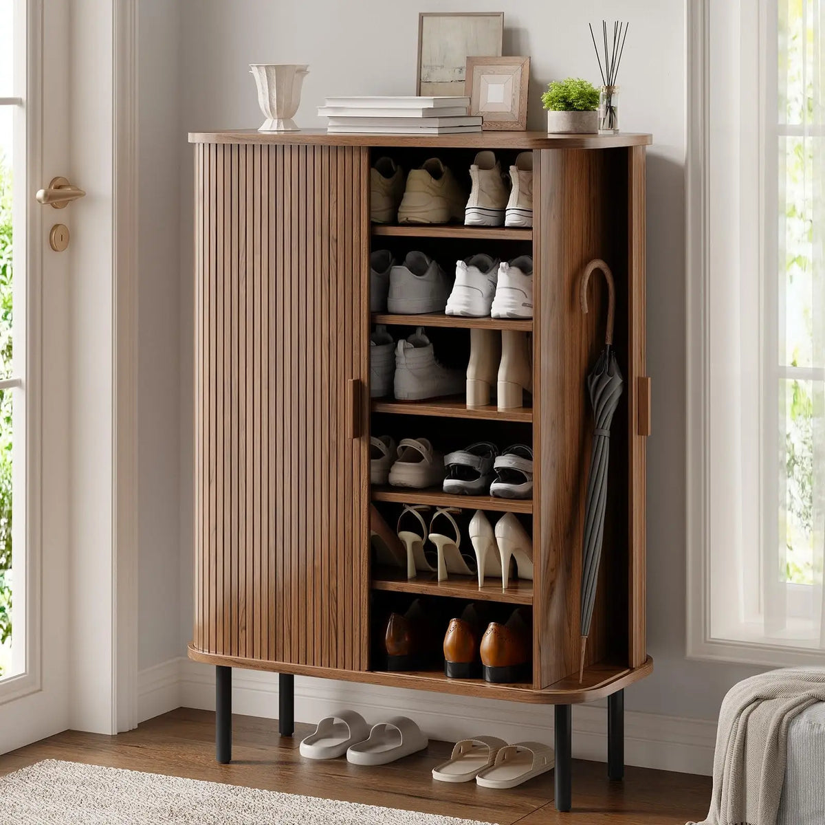 Fluted 6-Tier Shoe Cabinet, Wooden Shoe Storage Cabinet with Sliding Door, Shoe Storage Organizer for Entryway, Hallway