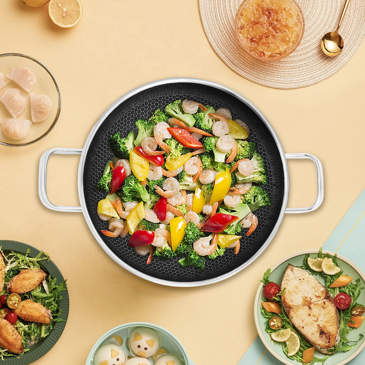 Stainless Steel Pan with Cooking Lid Non Stick Frying Pan with Lid-carrying Handle Spiral Pattern for All Hobs Including Induction, Gas, Electric, Halogen, Glass, and Ceramic