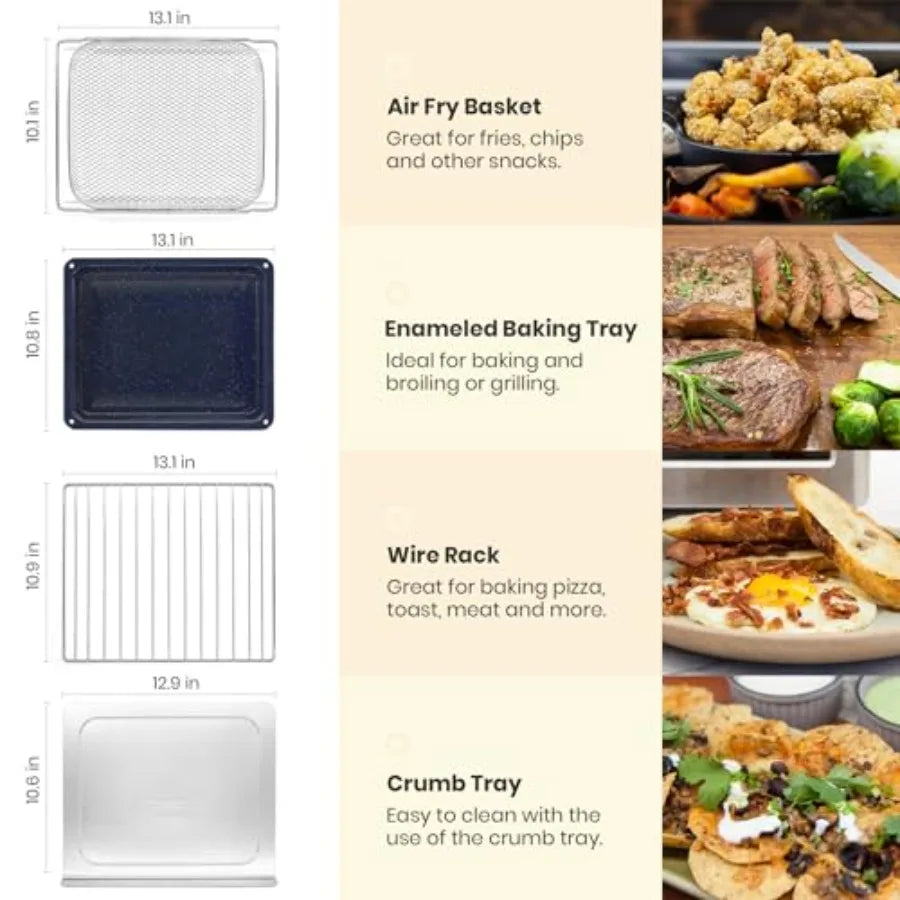 Retro countertop air fryer toaster oven, enamel-coated, black, 10-in-1 versatility with easy-clean baking pan and recipe book
