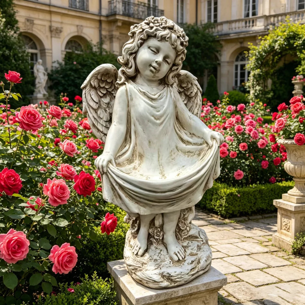 21.06" Tall Weathered Angel Cherub Garden Statue, Resin Dress Sculpture Figurine, Decorative Outdoor Yard Lawn Patio Backyard Landscape Ornament Decoration