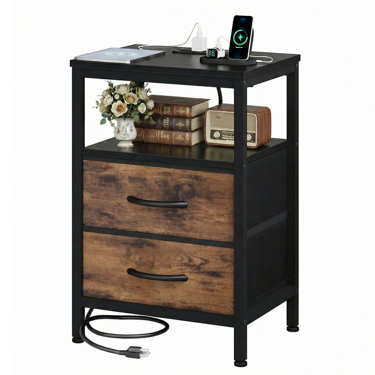 JHK Bedside Table With Fabric Drawers And USB Charging Station