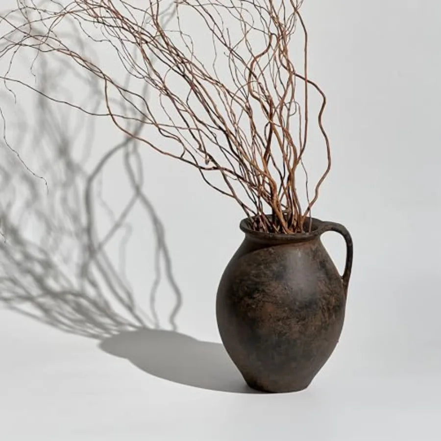 Brown ceramic large vase for home decor 11.2 tall Zen style terra cotta texture distressed farmhouse finish decorative flower c