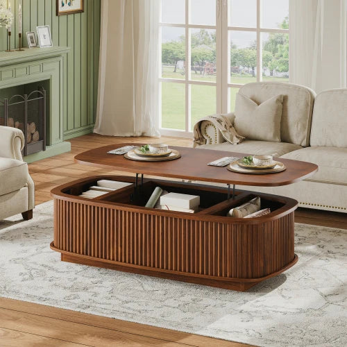 Oval Fluted Lift Top Coffee Table With Hidden Storage