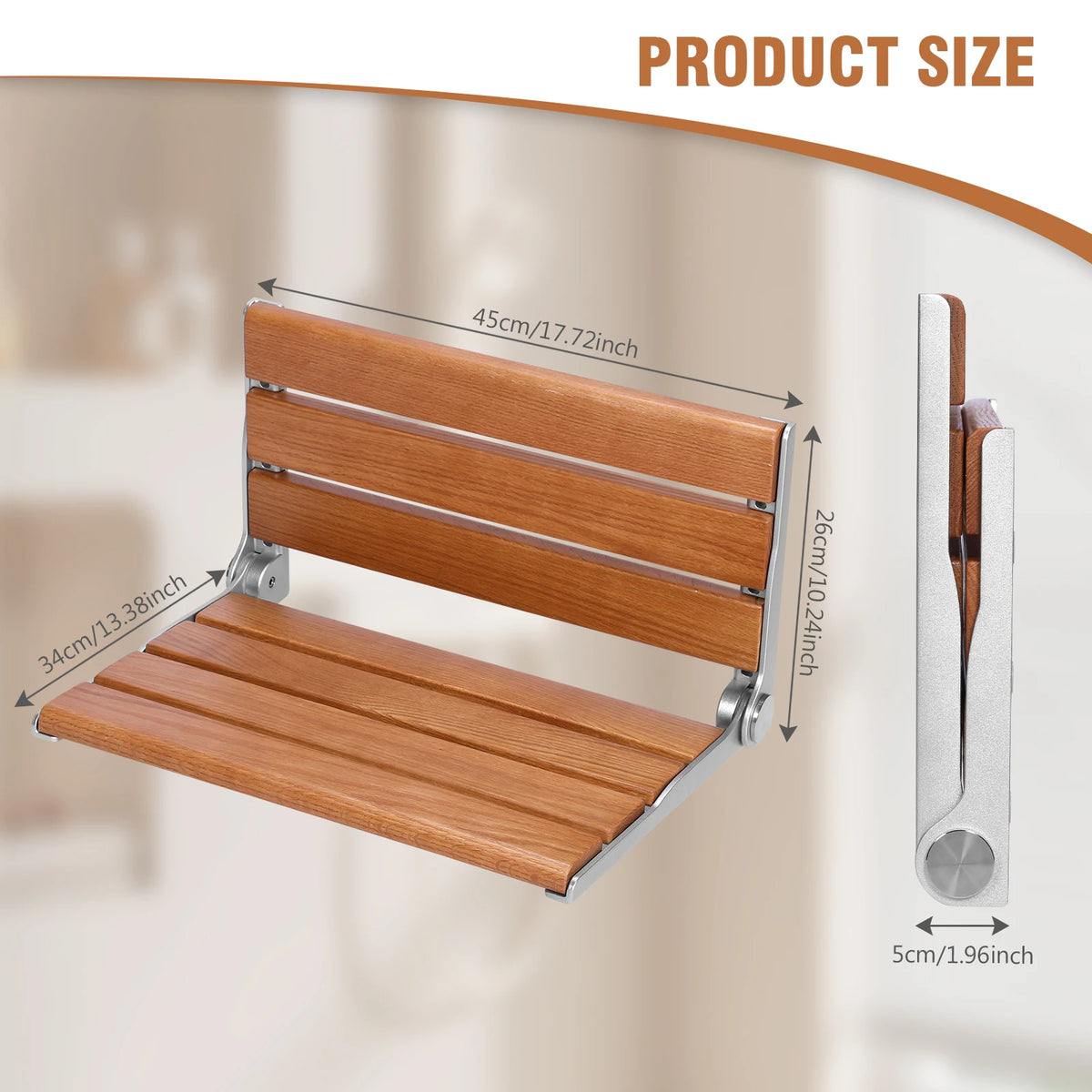 17.7inch Wall-Mounted Folding Shower Seat with Back Fold Up Bathroom Stool Chair Anti-Slip for Elderly Disabled Pregnant