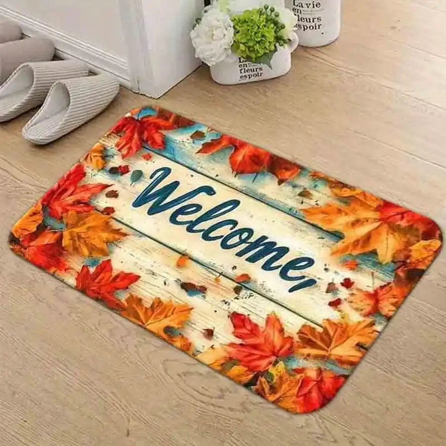 1pc Flannel Floor MatRustic Distressed Wooden Welcome Doormat With Vibrant Autumn Maple Leaves Fall Harvest Decorative Floor MatNon-Slip, Machine Washable, Soft