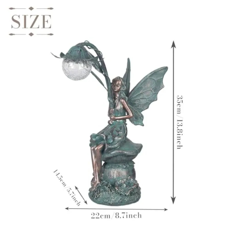 Garden Statues Fairy Sculptures and Statues, Outdoor Solar Light Garden Decor Resin Patina Bronze Figurines for Outdoor Decor,
