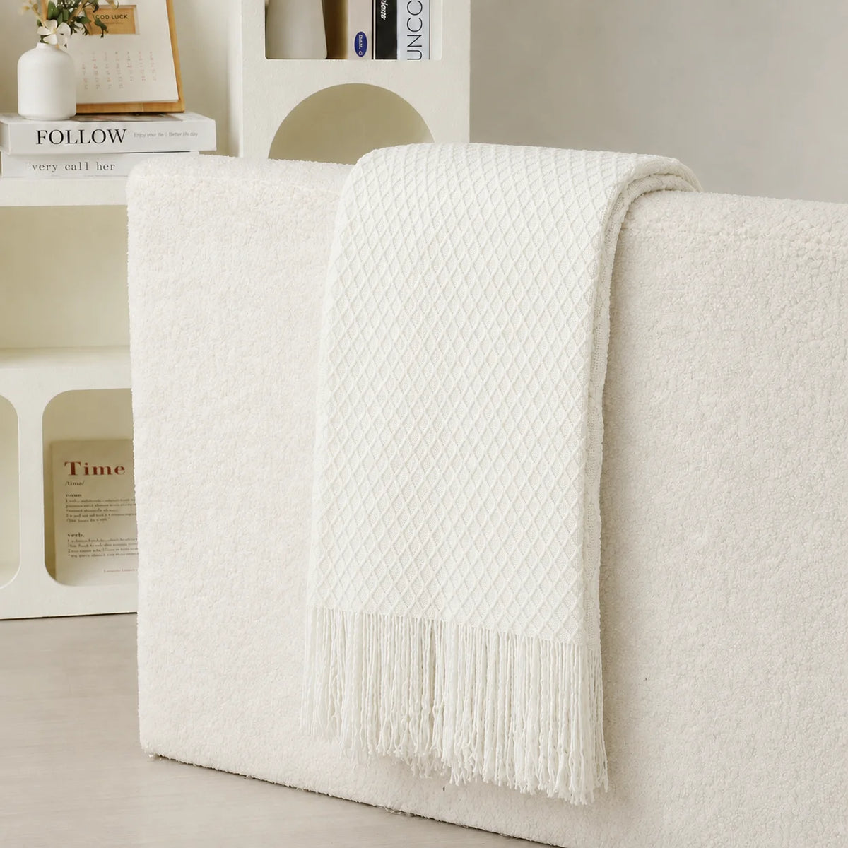 Light Khaki Diamond Cable Textured Knit Throw Blanket with Tassel Fringe, Soft Knitted Decorative Blanket, Lightweight Cozy Cover for Couch Sofa Bed, Boho Farmhouse Home Decor for Living Room Bedroom
