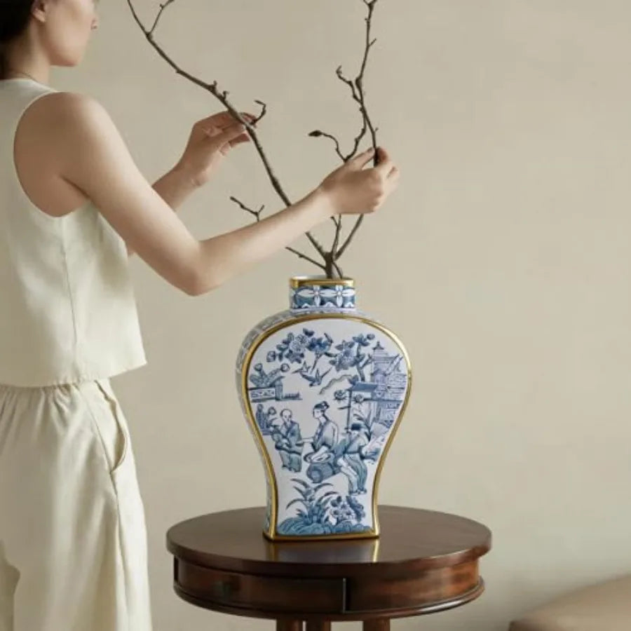 Blue and White Hand-Painted Ceramic Bud Vase with Gold Rim - Antique Chinese Porcelain for Home Decor Table Centerpieces in Liv