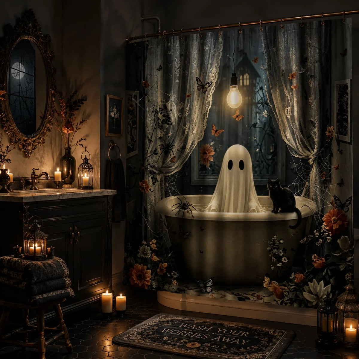 2D Flat, 1pc Shower Curtain, Gothic 2D Shower Curtain for Bathrooms, Includes a High-Quality 70.87 X 70.87inch Shower Curtain And 12 Durable Hooks. Bathroom Decor And Additions, Local Warehouse Items
