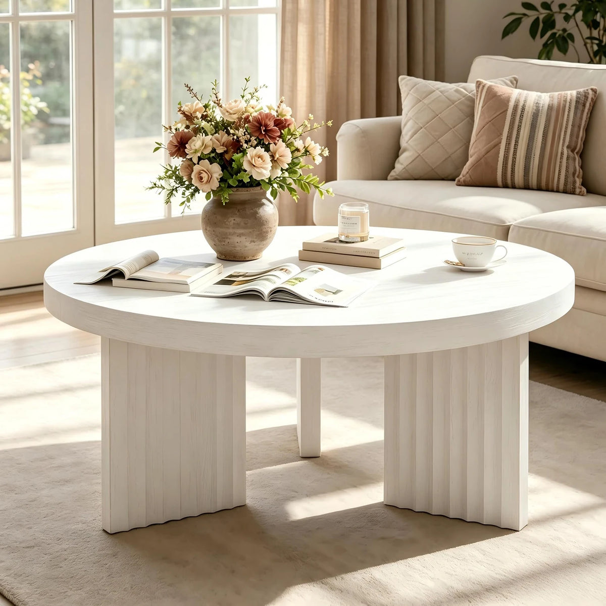 HiMISS Round Coffee Table With Fluted Legs For Living Room