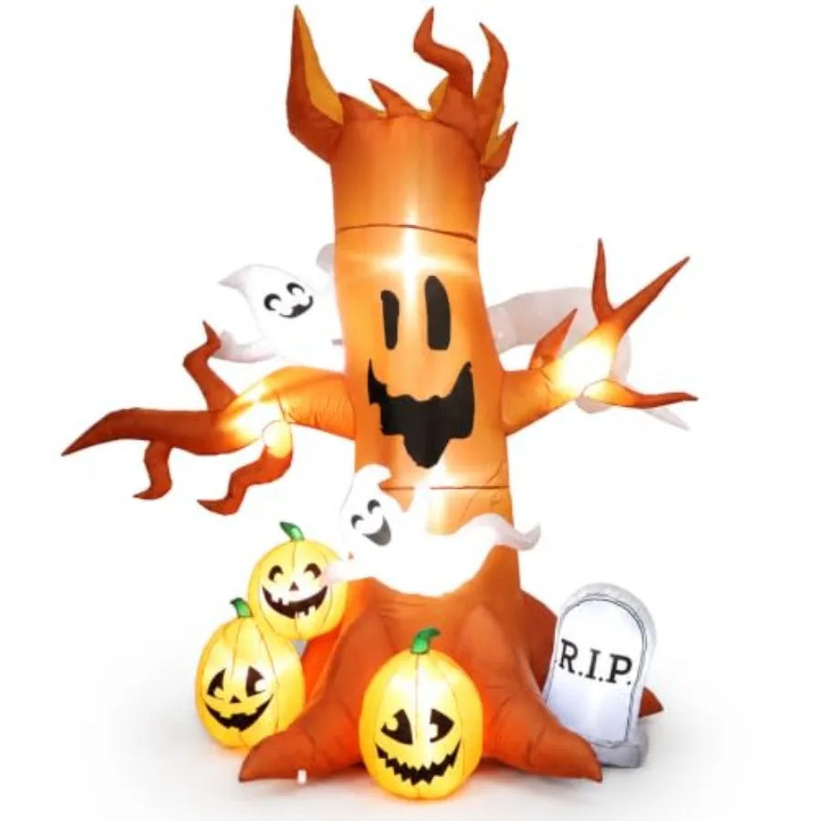 8FT Halloween inflatable ghost tree decoration with pumpkins and tombstone for outdoor lawn garden use, polyester material, whi