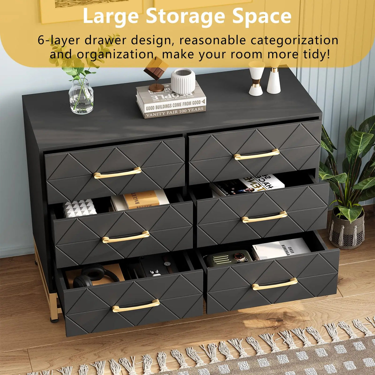 HiMISS 6 Drawer Chest Of Drawers Space Saving Storage Cabinet