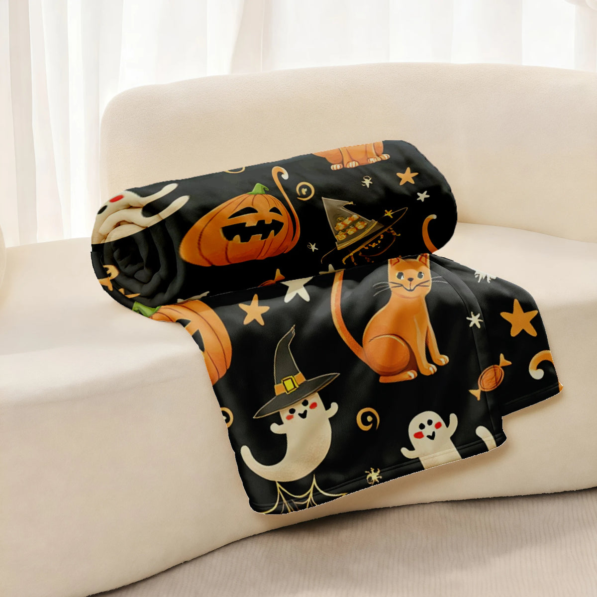 Halloween Flannel Throw Blanket Suitable for All- Cozy Bedspread with Playful Orange Cats, Ghosts & Jack-o'-Lanterns on Black - Soft Machine Washable Bedspread for Room,, or Decor - Ideal Holiday Gift for Year-Round