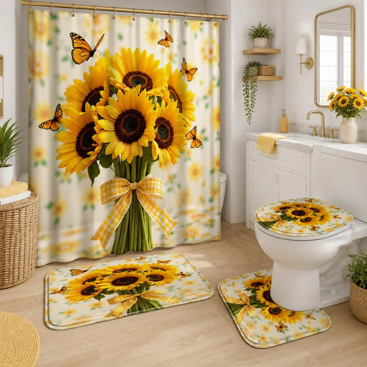 4pcs Sunflower And Butterfly Printed Shower Curtain Set - High-Quality Shower Curtain with 12 Hooks, Non-Slip, Toilet And U-Shaped - Modern Decorative Bathroom